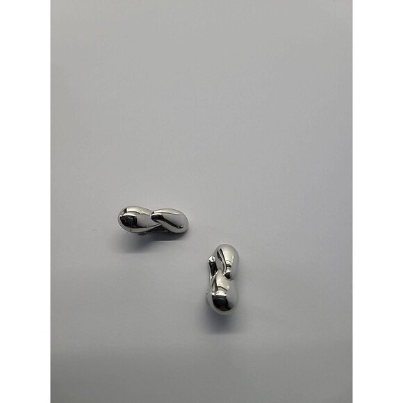 Silver Tone Clip On Earrings Double Teardrop Modern Minimalist High Polish State - Picture 8 of 12